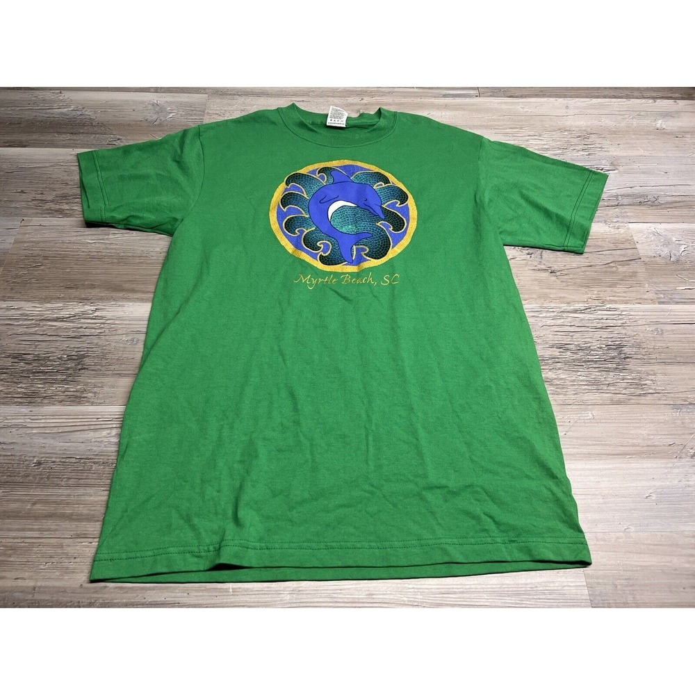 Vintage Dolphin T-Shirt Mosaic Motif Myrtle Beach South Carolina Green Sz M USA - Picture 1 of 6